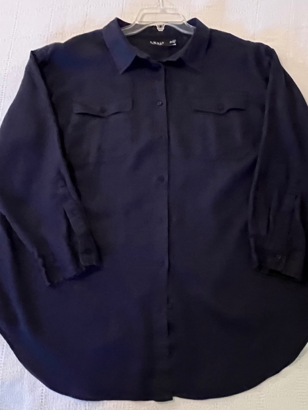 Lauren Ralph Lauren Navy Linen Button Front Shirt 3X Roll Tab